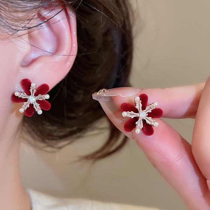 Elegant Flower Stud Earrings With Faux Pearl Zircon Accents And Silver Needle Posts