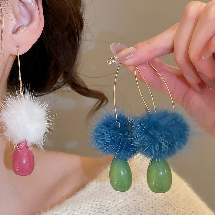Light Luxury Contrast Pom Pom Waterdrop Alloy Drop Earrings For Women