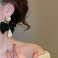 Light Luxury Crystal Bow Faux Pearl Waterdrop Stud Earrings For Trendy Elegant Style view 3