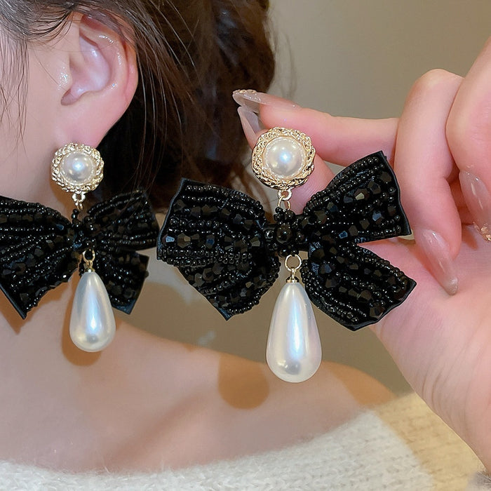 Light Luxury Crystal Bow Faux Pearl Waterdrop Stud Earrings For Trendy Elegant Style