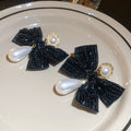 Light Luxury Crystal Bow Faux Pearl Waterdrop Stud Earrings For Trendy Elegant Style view 2