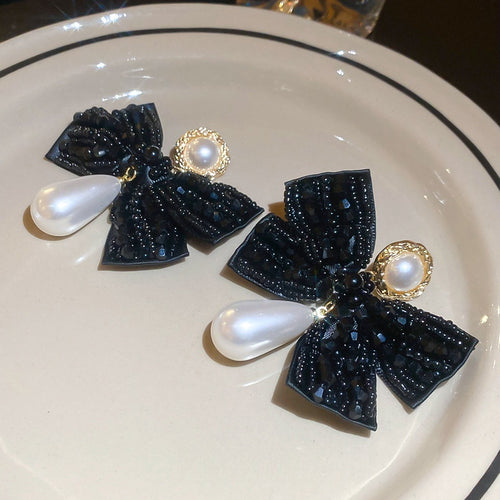 Light Luxury Crystal Bow Faux Pearl Waterdrop Stud Earrings For Trendy Elegant Style