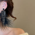 Rhinestone Round Feather Tassel Clip-on Earrings, Dark Luxury Geometric Dangle Ear Jewelry view 3