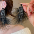 Rhinestone Round Feather Tassel Clip-on Earrings, Dark Luxury Geometric Dangle Ear Jewelry view 1