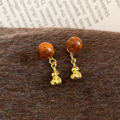 Vintage Chinese Style Acrylic Gourd Stud Earrings With Silver Needle Round Geometric Light Luxury Ear Jewelry