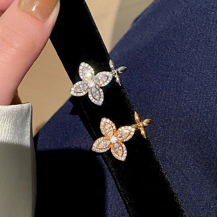 Light Luxury Copper Zircon Flower Open Ring Elegant French Style Adjustable Index Finger Jewelry