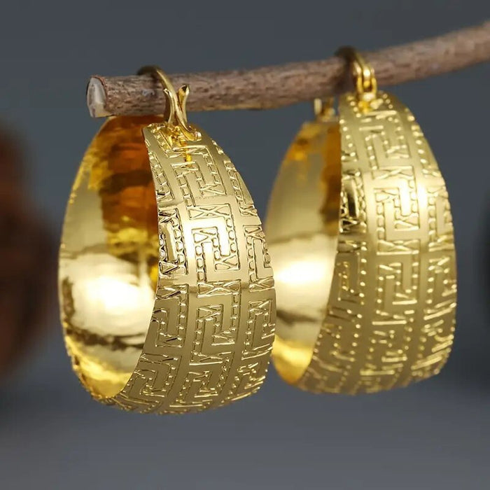 European American Vintage Pattern Gold Huggie Earrings, Wide Geometric Jewelry For Women