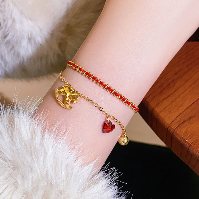 18K Gold Plated Copper Zircon Horse Pendant Bracelet New Chinese Zodiac Red String Jewelry