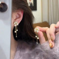 French Retro Zircon Faux Pearl Tassel Drop Earrings For Women Light Luxury Geometric Stud Style view 1