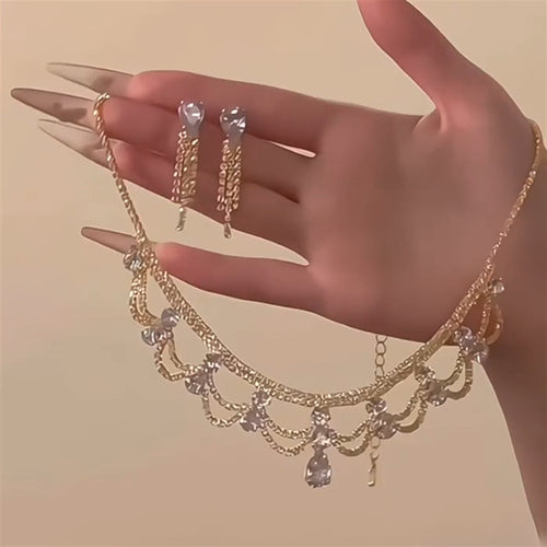 Light Luxury Court Style Copper Rhinestone Teardrop Lace Stud Earrings Necklace Jewelry Set