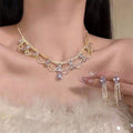Light Luxury Court Style Copper Rhinestone Teardrop Lace Stud Earrings Necklace Jewelry Set view 3