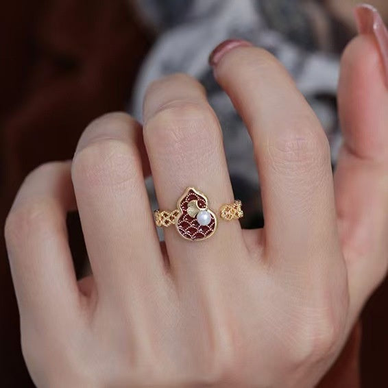 Gold Plated Enamel Gourd Faux Pearl Open Ring New Chinese Style Geometric Light Luxury Jewelry