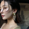 Vintage French Court Faux Pearl Crystal Tassel Geometric Drop Earrings For Women view 4