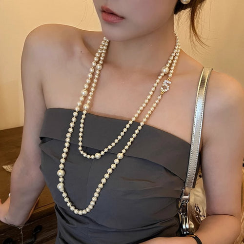 Old Money Faux Pearl Zircon Number 5 Layered Sweater Necklace Elegant Geometric Choker For Women