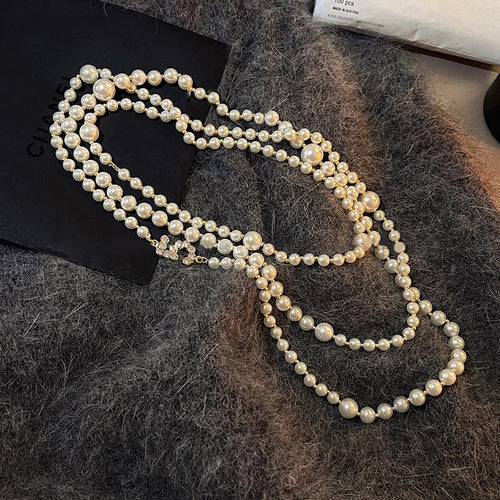 Old Money Faux Pearl Zircon Number 5 Layered Sweater Necklace Elegant Geometric Choker For Women