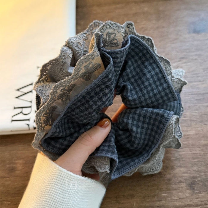 Gray Plaid Lace Bow Scrunchie Hair Tie For Buns