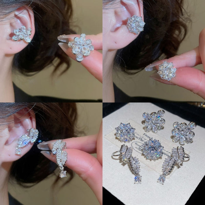 Light Luxury Copper Zircon Flower Petal Clip-on Earrings Korean No Piercing Ear Cuff Jewelry