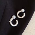 Minimalist Geometric C-Shaped Faux Pearl Drop Earrings With Silver Needles And Brushed Finish view 4