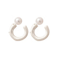 Minimalist Geometric C-Shaped Faux Pearl Drop Earrings With Silver Needles And Brushed Finish view 5