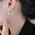 Minimalist Geometric C-Shaped Faux Pearl Drop Earrings With Silver Needles And Brushed Finish view 3