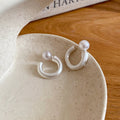Minimalist Geometric C-Shaped Faux Pearl Drop Earrings With Silver Needles And Brushed Finish view 2