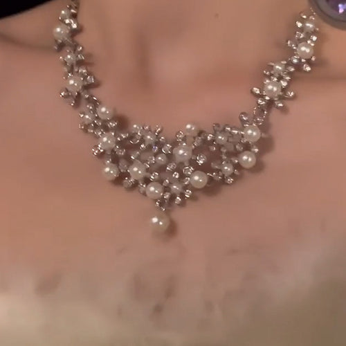 Old Money Alloy Rhinestone Flower Pearl Stud Earrings Necklace Jewelry Set For Women
