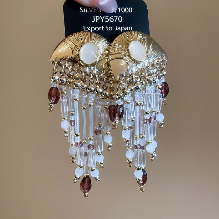 Vintage Court Style Crystal Pearl Tassel Drop Earrings With Silver Needle Geometric Design
