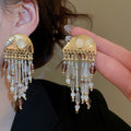 Vintage Court Style Crystal Pearl Tassel Drop Earrings With Silver Needle Geometric Design view 2