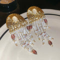 Vintage Court Style Crystal Pearl Tassel Drop Earrings With Silver Needle Geometric Design view 3