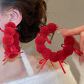 Elegant Flocked Bow Pom Pom Hoop Earrings With Rhinestone And Silver Pin Retro Winter Jewelry view 4