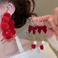 Elegant Flocked Bow Pom Pom Hoop Earrings With Rhinestone And Silver Pin Retro Winter Jewelry view 2