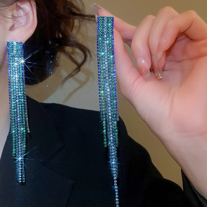 Copper Geometric Square Rhinestone Tassel Drop Earrings With Silver Pins For Women