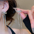 Copper Bow Tassel Drop Earrings With Silver Pins And Zircon Accents Elegant Light Luxury Style view 4