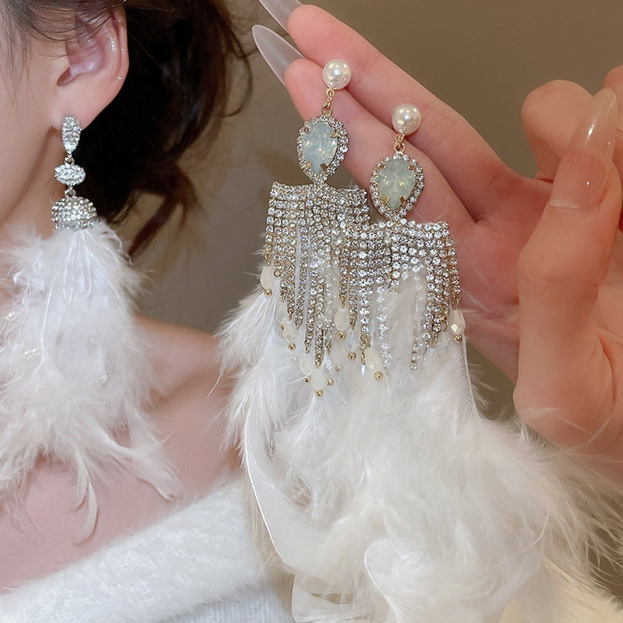 Silver Pin Rhinestone Feather Tassel Drop Earrings Geometric Line Statement Jewelry