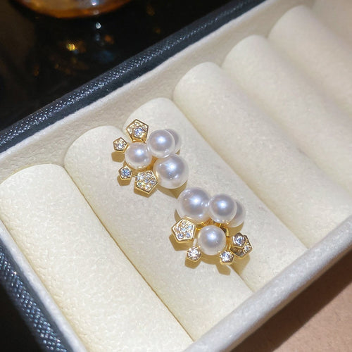 Gold Plated Silver Needle Zircon Flower Faux Pearl Stud Earrings Vintage Light Luxury Jewelry