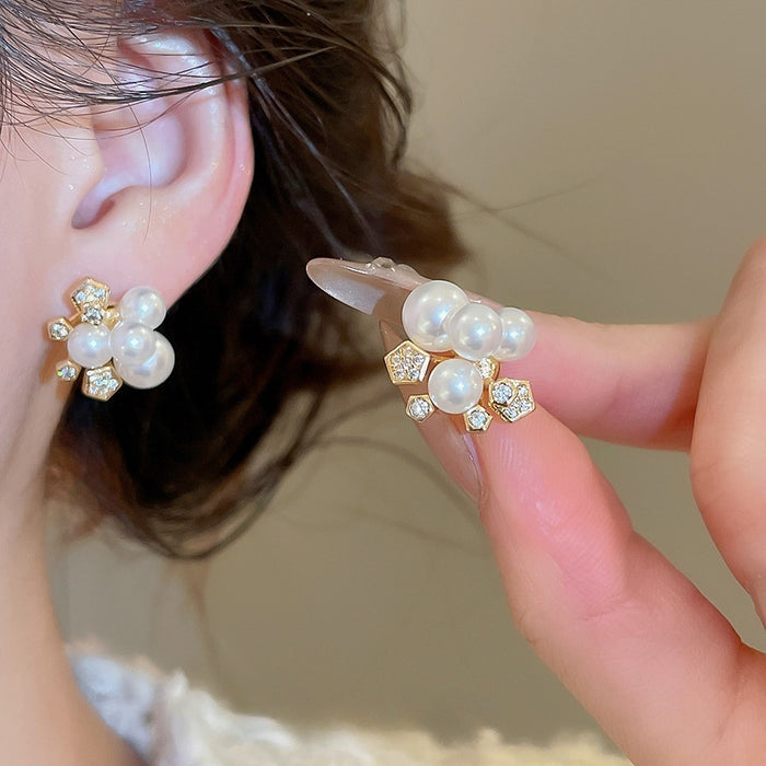 Gold Plated Silver Needle Zircon Flower Faux Pearl Stud Earrings Vintage Light Luxury Jewelry