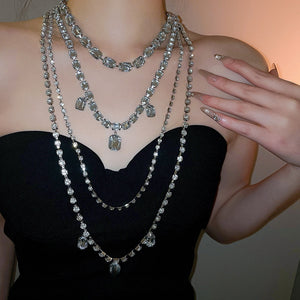 Light Luxury Copper Rhinestone Geometric Square Multi Layer Tassel Sweater Necklace For Women
