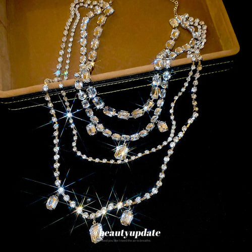 Light Luxury Copper Rhinestone Geometric Square Multi Layer Tassel Sweater Necklace For Women