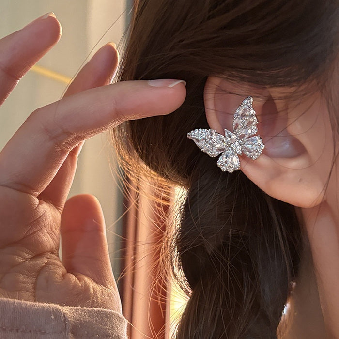 Korean Light Luxury Copper Zircon Butterfly Clip-on Earrings For Women