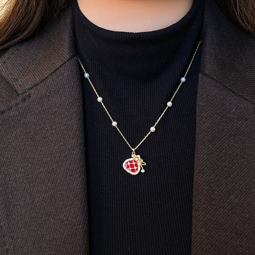New Chinese Retro Gold Plated Heart Faux Pearl Zircon Money Bag Necklace For Women