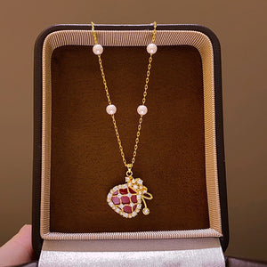 New Chinese Retro Gold Plated Heart Faux Pearl Zircon Money Bag Necklace For Women