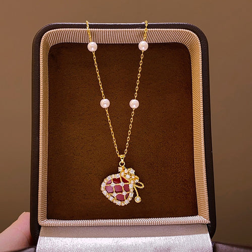 New Chinese Retro Gold Plated Heart Faux Pearl Zircon Money Bag Necklace For Women