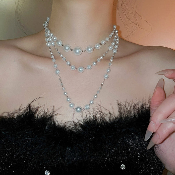 French Butterfly Double Layer Faux Pearl Sweater Necklace Vintage Elegant Light Luxury Collarbone Chain