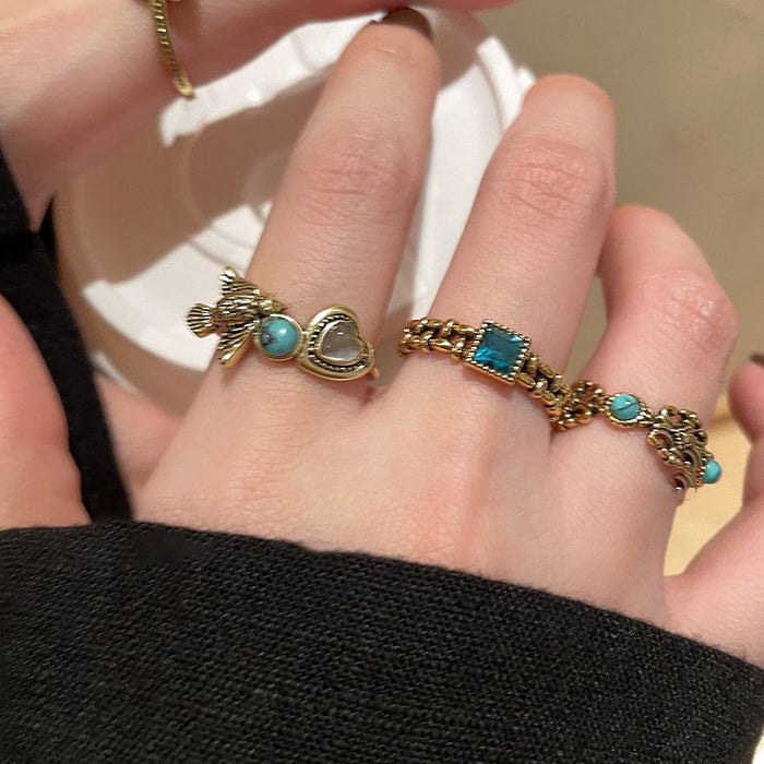 Copper Rhinestone Heart Cross Open Ring Vintage Light Luxury Fashion Index Finger Jewelry
