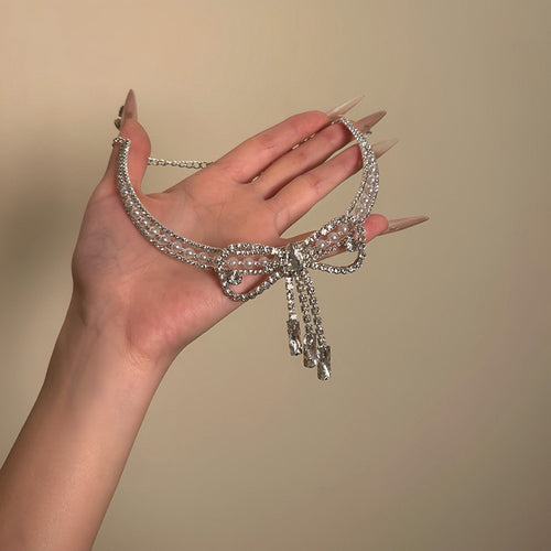 Light Luxury Copper Rhinestone Pearl Bow Tassel Choker Necklace