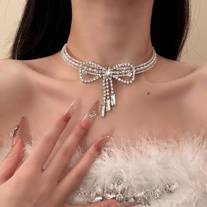 Light Luxury Copper Rhinestone Pearl Bow Tassel Choker Necklace