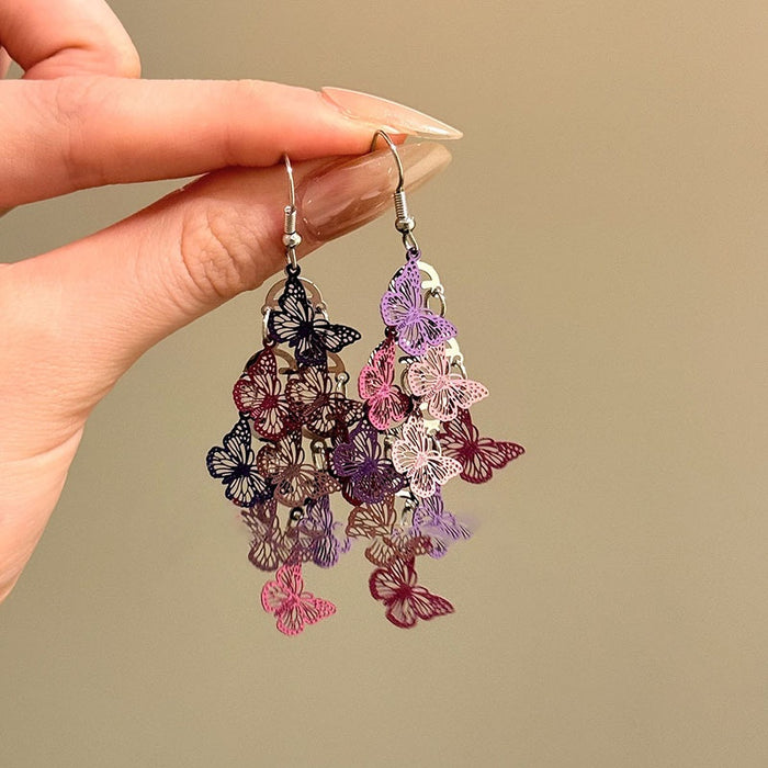 Korean Style Hollow Butterfly Tassel Iron Drop Earrings Elegant Light Luxury Ear Hook Jewelry
