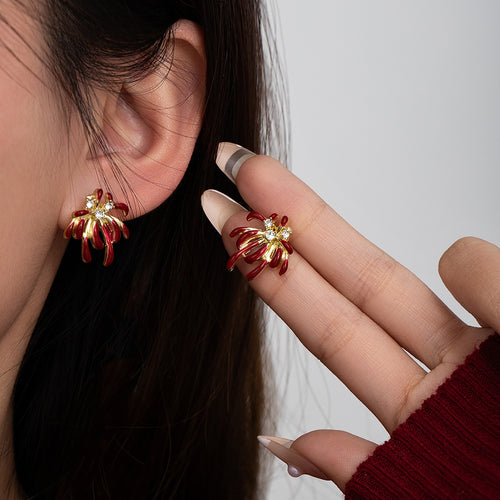 Elegant Red Enamel Fireworks Flower Studs With Gold Alloy Petals And Sparkling Rhinestone Accents Earrings