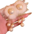Faux Pearl Pom Ball Tassel Drop Earrings For Women Simple Geometric Round Winter Jewelry view 5