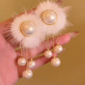 Faux Pearl Pom Ball Tassel Drop Earrings For Women Simple Geometric Round Winter Jewelry view 3